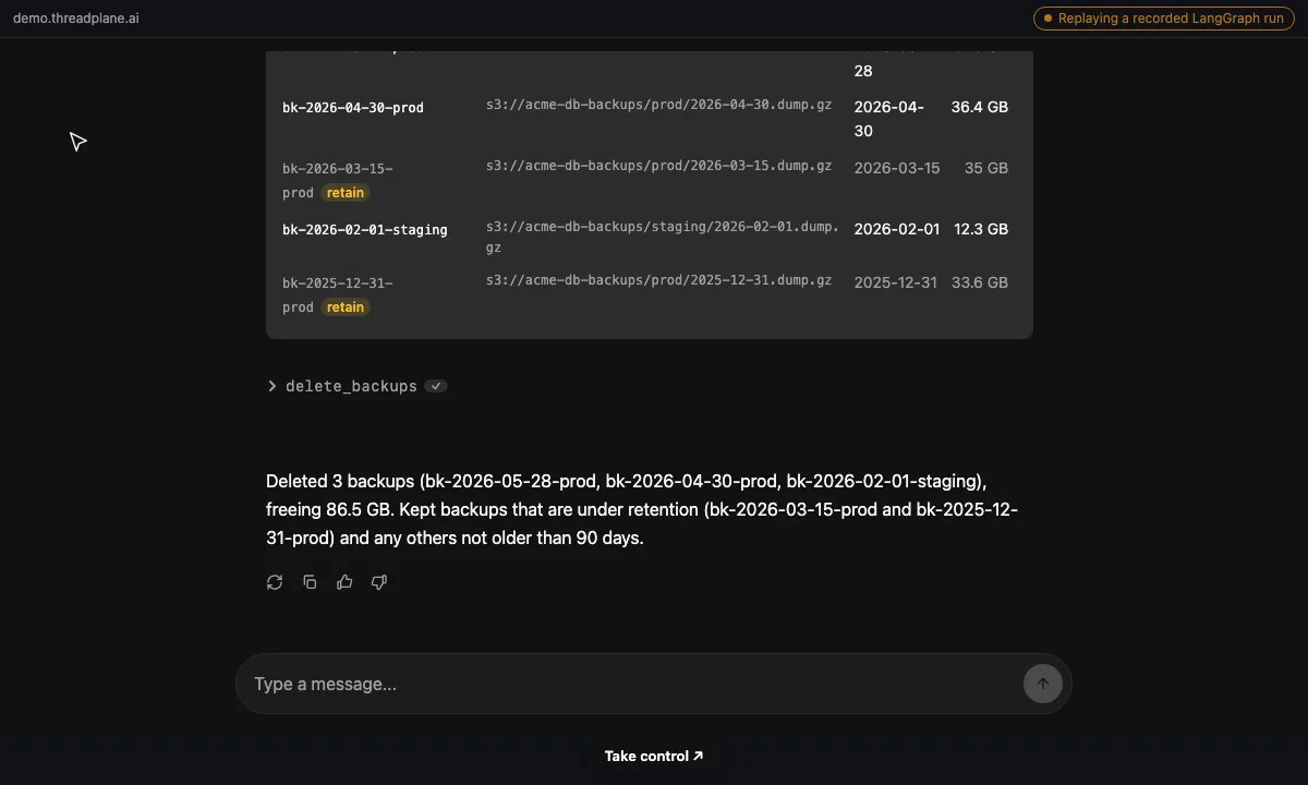 Threadplane chat replaying a recorded LangGraph run: a user prompt, a request_approval tool call, and the streamed three-step cleanup plan