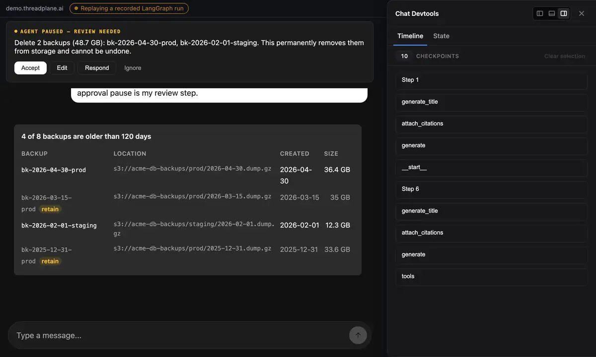 The cleanup agent paused for human review of the proposed backup deletions, with approval controls and retained backups visible.