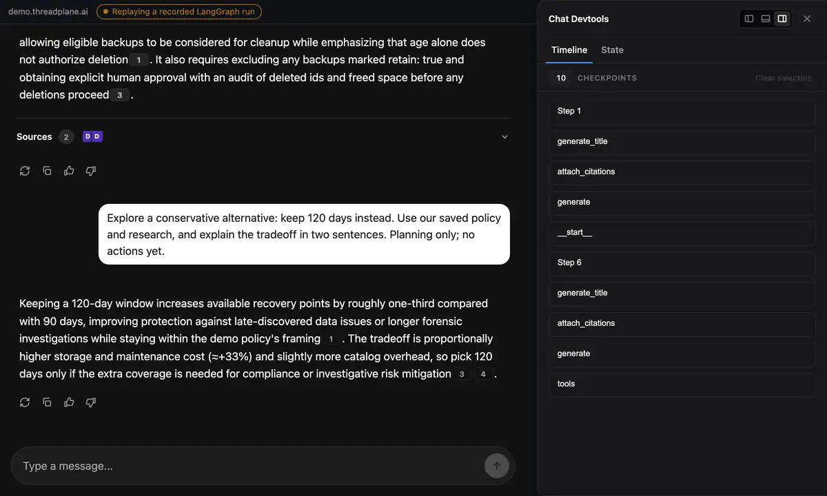 The saved cleanup thread restored after reload and branched from an earlier checkpoint to revise the backup plan.