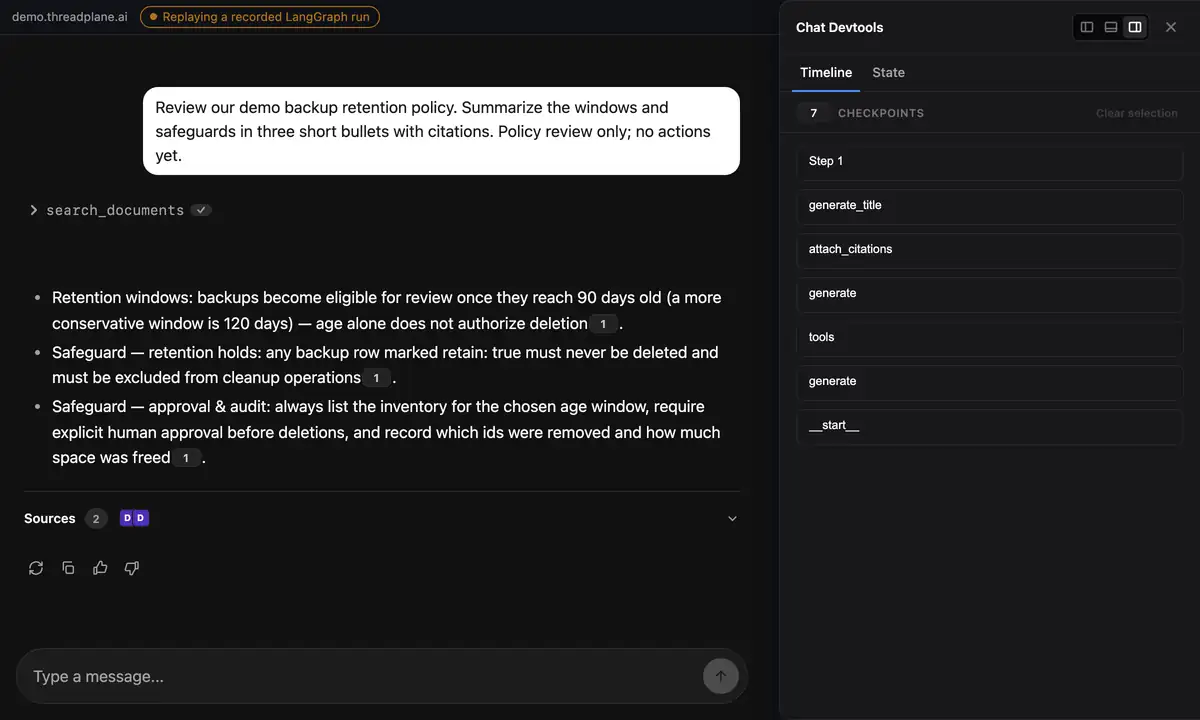 A backup cleanup review with tool results and linked retention policy citations in the chat.