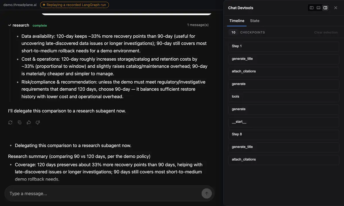 The cleanup workflow delegates a policy review to a research subagent, with its progress and findings visible in the chat.